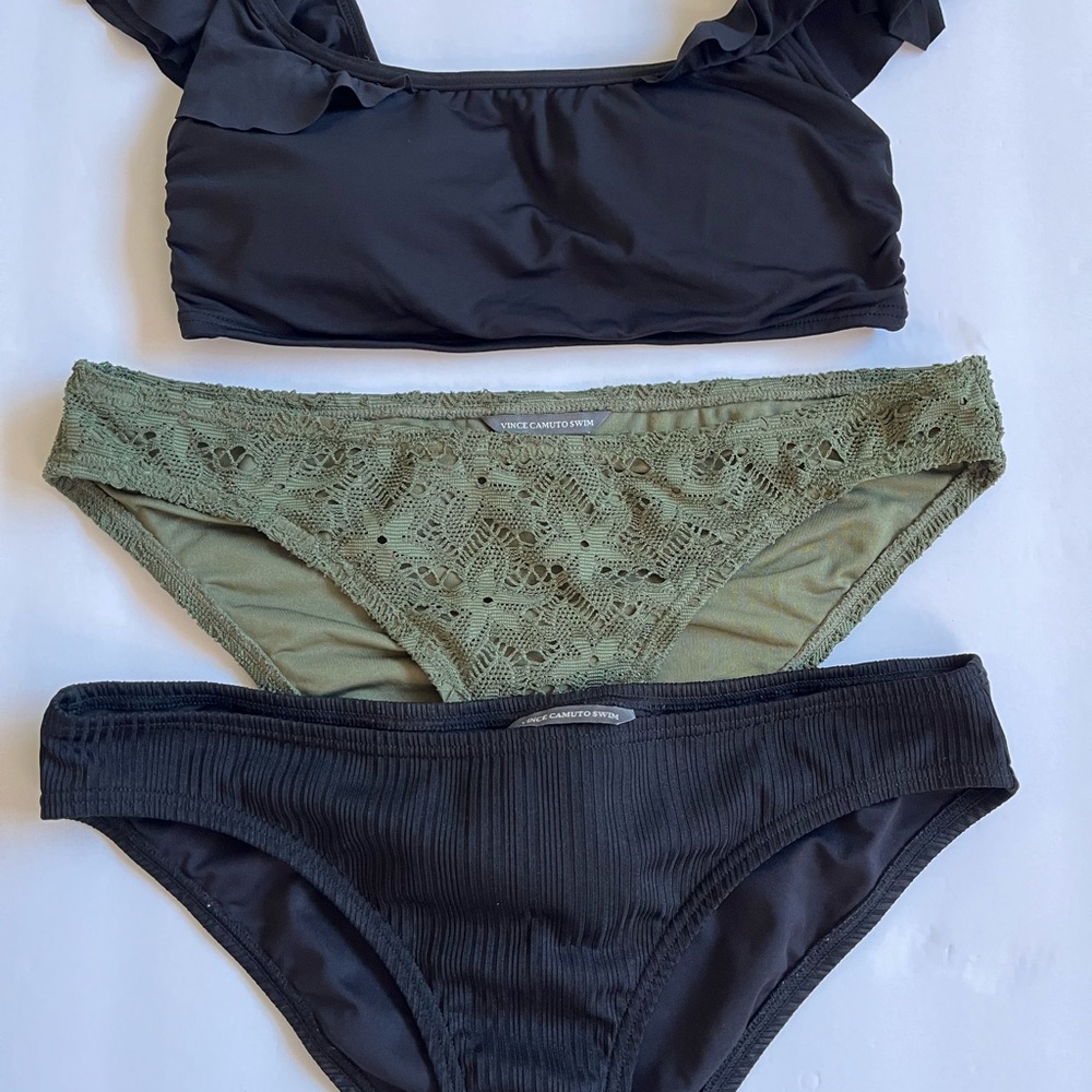 Vince Camuto swim ruffled off the shoulder blk top and 2 bottoms - Picture 2 of 4